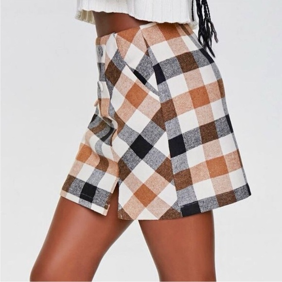 Forever 21 Wool Blend Plaid Mini Skirt Small Brown Button Detail Lined - Picture 2 of 9